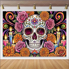 Lofaris Vibrant Day of the Dead Sugar Skull Backdrop with Marigolds Festive Mexican Holiday Background for Party Decor