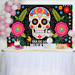 Lofaris Vibrant Dia de los Muertos Backdrop with Colorful Sugar Skull and Floral Patterns Festive Mexican Holiday Background for Celebration