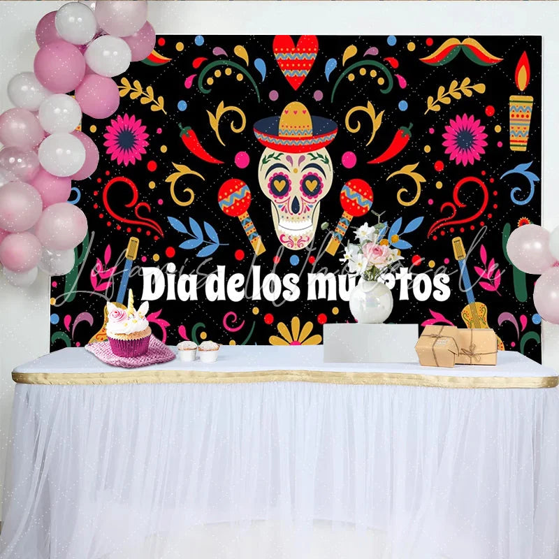 Lofaris Vibrant Dia de los Muertos Backdrop with Sugar Skull and Sombrero Colorful Mexican Fiesta Background for Celebration