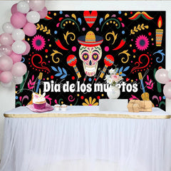Lofaris Vibrant Dia de los Muertos Backdrop with Sugar Skull and Sombrero Colorful Mexican Fiesta Background for Celebration