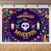 Lofaris Vibrant Dia De Los Muertos Backdrop with Sugar Skull Colorful Flowers and Papel Picado Festive Mexican Fiesta Decor for Party