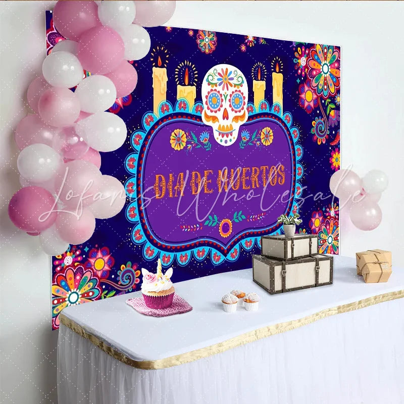 Lofaris Vibrant Dia de Muertos Backdrop with Sugar Skull and Candles Colorful Floral Background for Mexican Fiesta Celebration