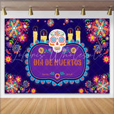 Lofaris Vibrant Dia de Muertos Backdrop with Sugar Skull and Candles Colorful Floral Background for Mexican Fiesta Celebration