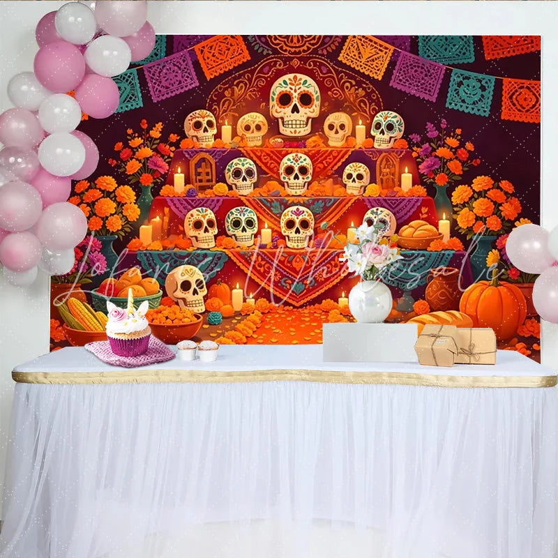 Lofaris Vibrant Dia de Muertos Backdrop with Sugar Skulls and Marigold Flowers Colorful Altar Background for Mexican Holiday Party Decor