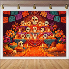 Lofaris Vibrant Dia de Muertos Backdrop with Sugar Skulls and Marigold Flowers Colorful Altar Background for Mexican Holiday Party Decor