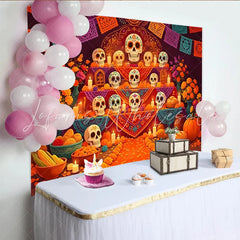 Lofaris Vibrant Dia de Muertos Backdrop with Sugar Skulls and Marigold Flowers Colorful Altar Background for Mexican Holiday Party Decor