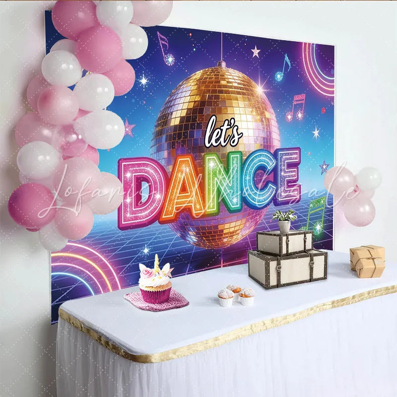 Lofaris Vibrant Disco Ball Dance Backdrop with Neon Lights Glitter Musical Notes Party Background for Event Photography