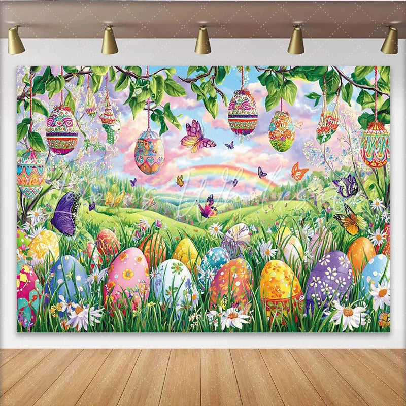 Lofaris Vibrant Easter Backdrop with Colorful Eggs and Butterflies Beautiful Photography Background for Spring Parties and Photoshoots