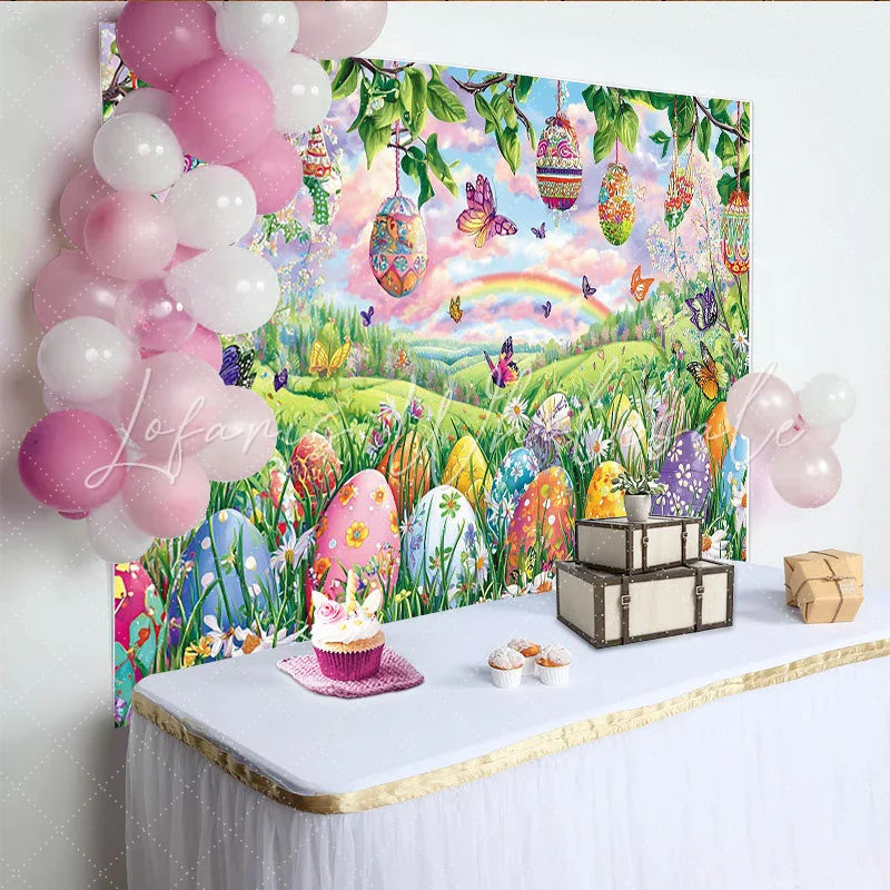 Lofaris Vibrant Easter Backdrop with Colorful Eggs and Butterflies Beautiful Photography Background for Spring Parties and Photoshoots