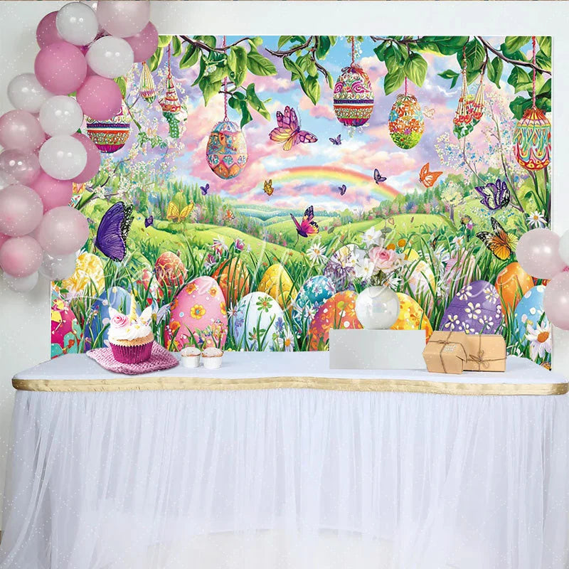 Lofaris Vibrant Easter Backdrop with Colorful Eggs and Butterflies Beautiful Photography Background for Spring Parties and Photoshoots