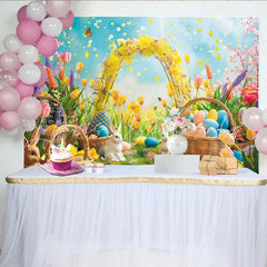 Lofaris Vibrant Easter Backdrop with Colorful Eggs and Cute Rabbits Spring Flowers and Yellow Arch Party Decor