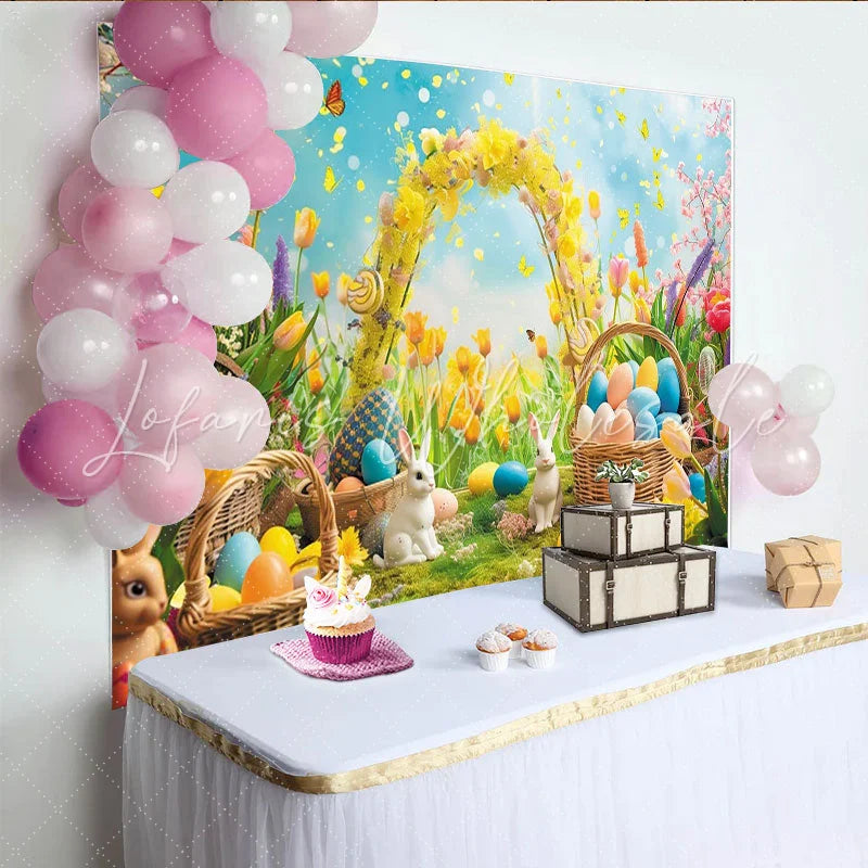 Lofaris Vibrant Easter Backdrop with Colorful Eggs and Cute Rabbits Spring Flowers and Yellow Arch Party Decor
