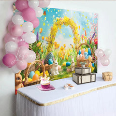 Lofaris Vibrant Easter Backdrop with Colorful Eggs and Cute Rabbits Spring Flowers and Yellow Arch Party Decor