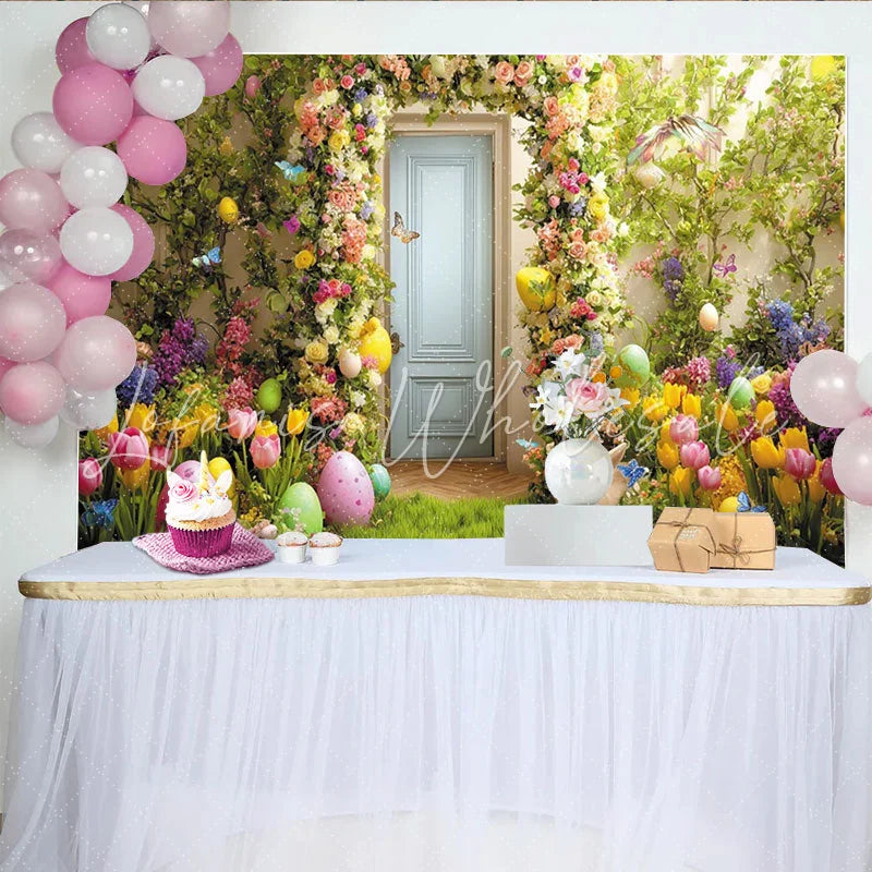 Lofaris Vibrant Easter Backdrop with Colorful Floral Archway Green Grass Painted Eggs and Cute Bunny for Spring Party