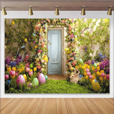 Lofaris Vibrant Easter Backdrop with Colorful Floral Archway Green Grass Painted Eggs and Cute Bunny for Spring Party