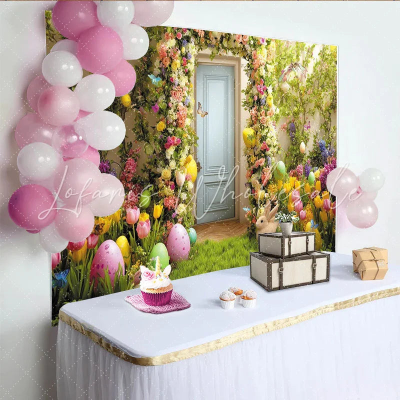 Lofaris Vibrant Easter Backdrop with Colorful Floral Archway Green Grass Painted Eggs and Cute Bunny for Spring Party