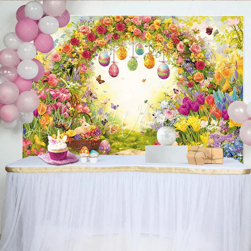 Lofaris Vibrant Easter Backdrop with Spring Flowers and Bunnies Eggs Garden Photography Background for Holiday Party Decor