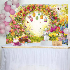 Lofaris Vibrant Easter Backdrop with Spring Flowers and Bunnies Eggs Garden Photography Background for Holiday Party Decor