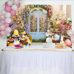 Lofaris Vibrant Easter Floral Garden Backdrop with Blue Arched Door Colorful Eggs and Cute Rabbits for Spring Party