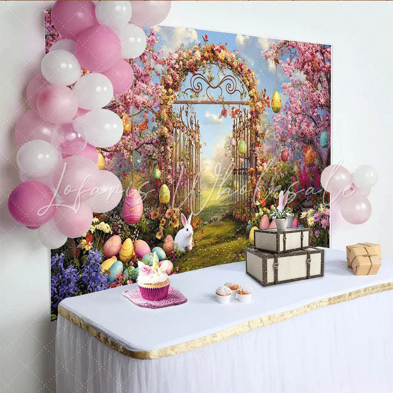 Lofaris Vibrant Easter Garden Gate Backdrop with Pink Cherry Blossoms Colorful Eggs and White Rabbits for Spring Photography