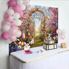 Lofaris Vibrant Easter Garden Gate Backdrop with Pink Cherry Blossoms Colorful Eggs and White Rabbits for Spring Photography