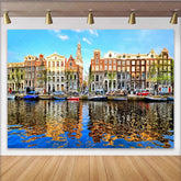 Lofaris Vibrant European Cityscape Photography Backdrop with Canal and Historic Buildings Scenic Studio Background for Travel Photoshoot