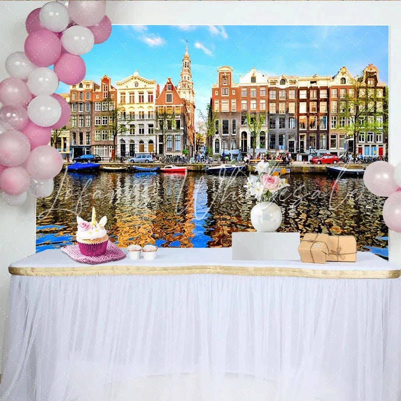 Lofaris Vibrant European Cityscape Photography Backdrop with Canal and Historic Buildings Scenic Studio Background for Travel Photoshoot