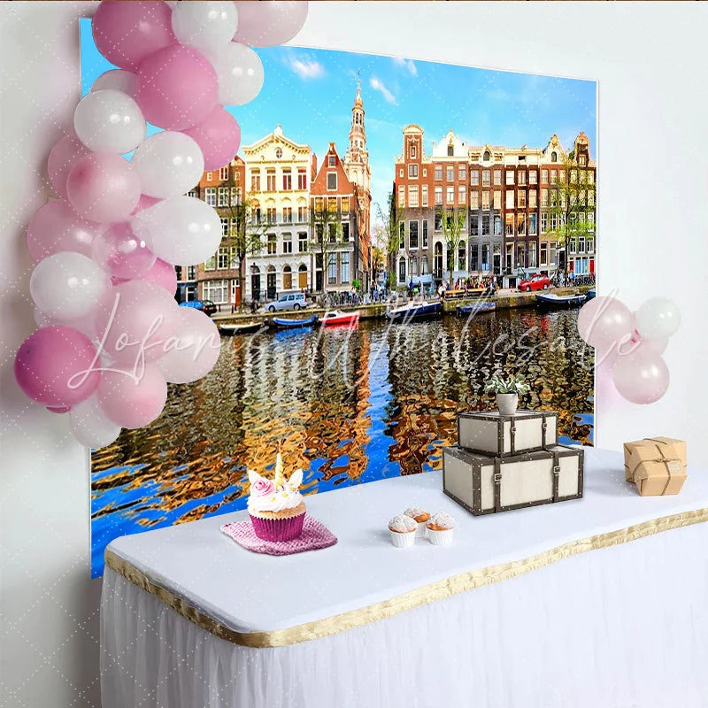 Lofaris Vibrant European Cityscape Photography Backdrop with Canal and Historic Buildings Scenic Studio Background for Travel Photoshoot