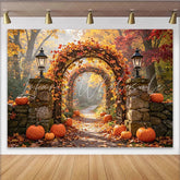 Lofaris Vibrant Fall Leaves and Pumpkins Autumn Photography Backdrop Picturesque Stone Lanterns Background for Seasonal Photoshoots