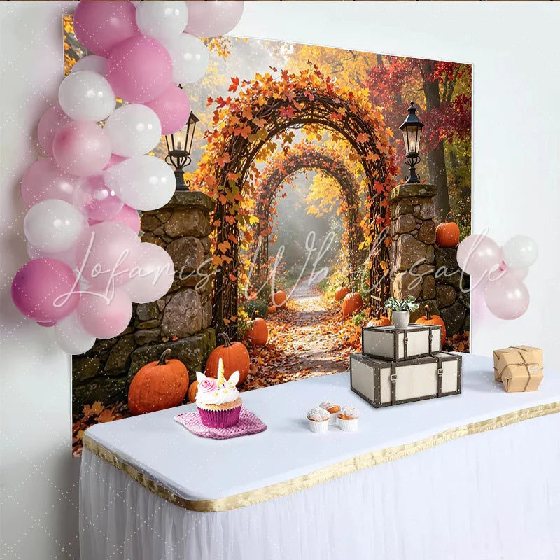Lofaris Vibrant Fall Leaves and Pumpkins Autumn Photography Backdrop Picturesque Stone Lanterns Background for Seasonal Photoshoots