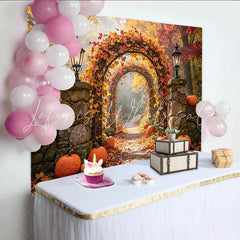 Lofaris Vibrant Fall Leaves and Pumpkins Autumn Photography Backdrop Picturesque Stone Lanterns Background for Seasonal Photoshoots