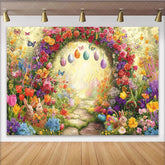 Lofaris Vibrant Floral Arch Easter Backdrop with Colorful Eggs and Bunnies Charming Spring Garden Holiday Photoshoot Decor