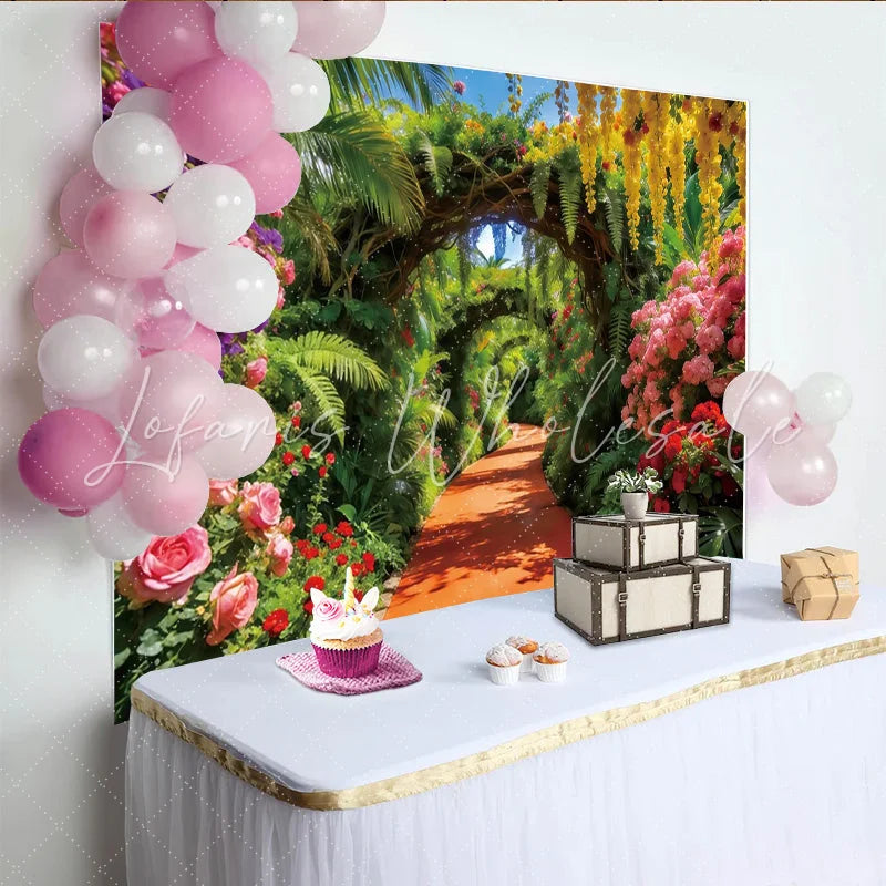 Lofaris Vibrant Floral Garden Photography Backdrop with Archway Beautiful Nature Background for Studio Photoshoots
