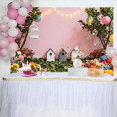 Lofaris Vibrant Floral Garden Spring Backdrop with Birdhouses and Colorful Lanterns for Baby Shower Photos