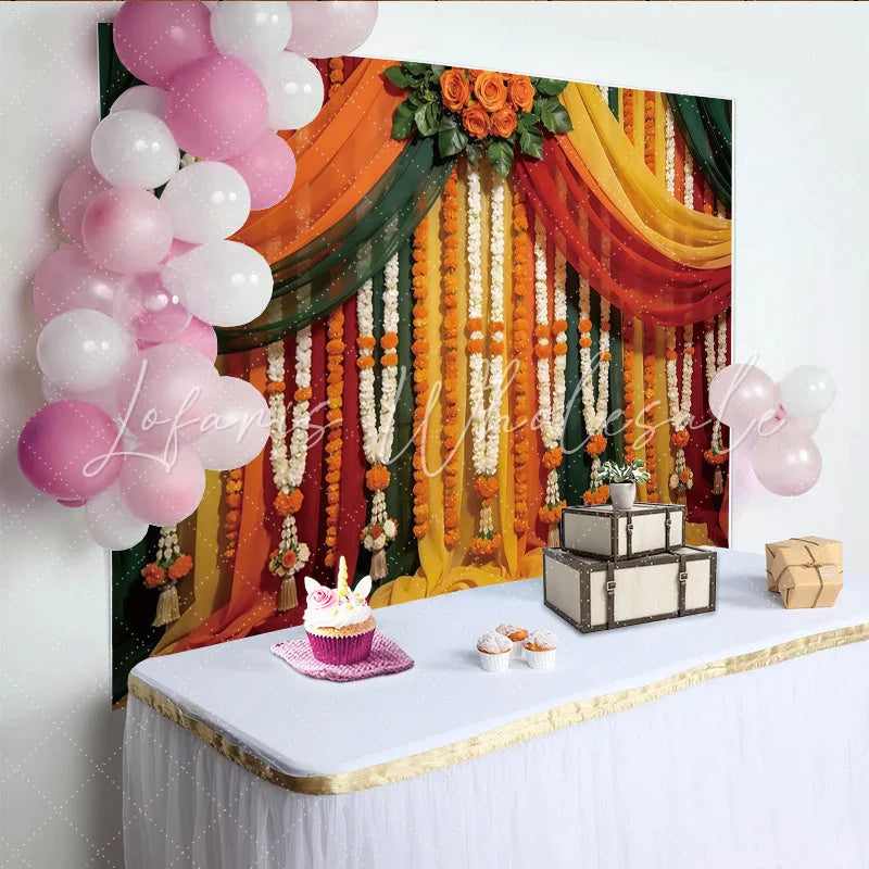 Lofaris Vibrant Floral Garland Photography Backdrop with Draped Fabrics and Orange Roses Festive Studio Background for Cultural Events