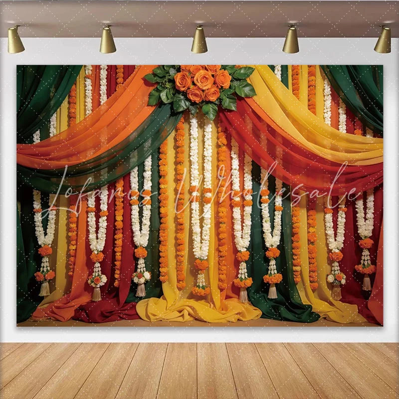 Lofaris Vibrant Floral Garland Photography Backdrop with Draped Fabrics and Orange Roses Festive Studio Background for Cultural Events