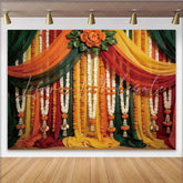 Lofaris Vibrant Floral Garland Photography Backdrop with Draped Fabrics and Orange Roses Festive Studio Background for Cultural Events