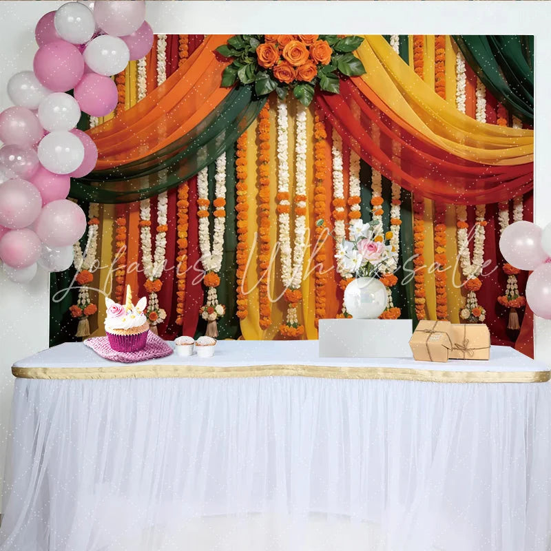 Lofaris Vibrant Floral Garland Photography Backdrop with Draped Fabrics and Orange Roses Festive Studio Background for Cultural Events