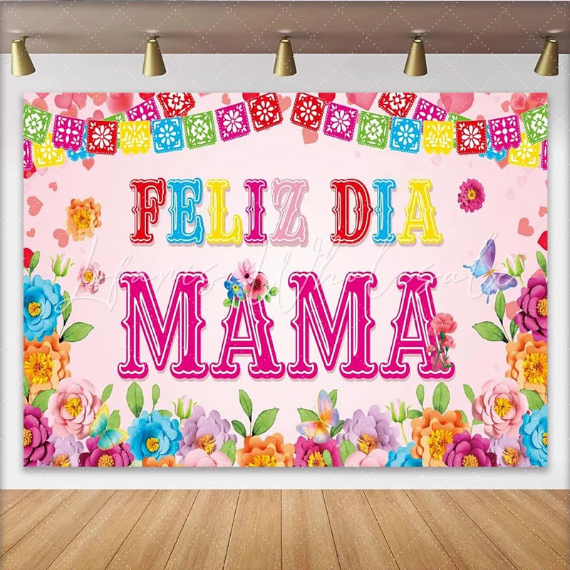 Lofaris Vibrant Floral Mothers Day Backdrop with Papel Picado Banners and Butterflies Festive Photo Background for Family Celebration
