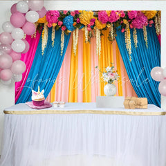 Lofaris Vibrant Floral Stage Backdrop Pink Blue Yellow Curtains with Flower Header Event Banner
