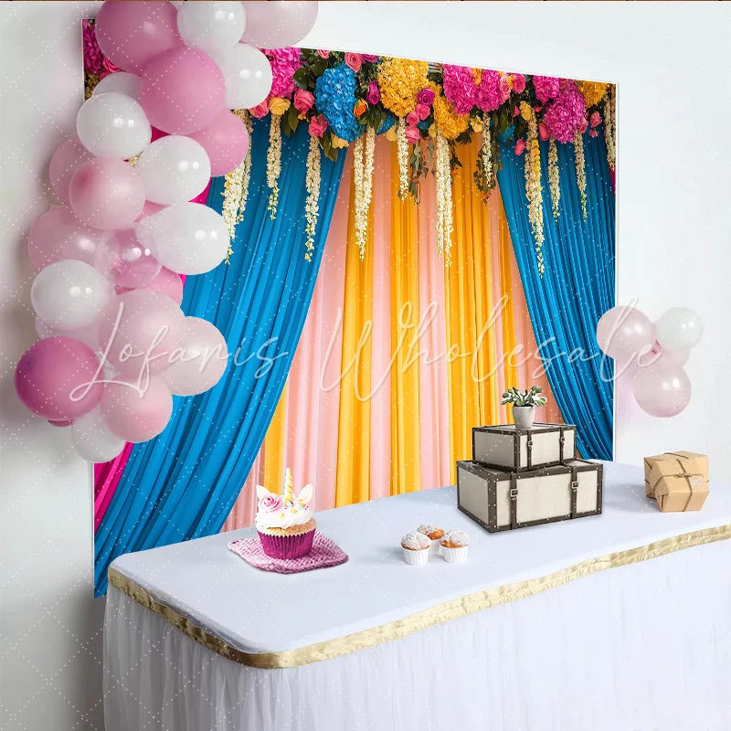 Lofaris Vibrant Floral Stage Backdrop Pink Blue Yellow Curtains with Flower Header Event Banner