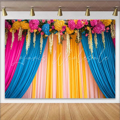 Lofaris Vibrant Floral Stage Backdrop Pink Blue Yellow Curtains with Flower Header Event Banner