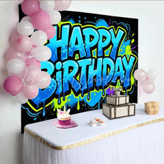 Lofaris Vibrant Graffiti Happy Birthday Backdrop with Blue and Green Paint Urban Style Photo Booth Prop for Party Decor