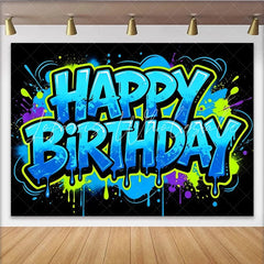 Lofaris Vibrant Graffiti Happy Birthday Backdrop with Blue and Green Paint Urban Style Photo Booth Prop for Party Decor
