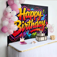 Lofaris Vibrant Graffiti Happy Birthday Backdrop with Colorful Paint Splatters Dynamic Urban Style Photo Booth Prop for Celebration
