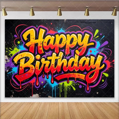 Lofaris Vibrant Graffiti Happy Birthday Backdrop with Colorful Paint Splatters Dynamic Urban Style Photo Booth Prop for Celebration