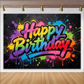 Lofaris Vibrant Graffiti Happy Birthday Backdrop with Colorful Paint Splatters Modern Street Art Background for Party Decor and Photoshoot