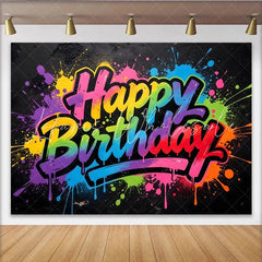 Lofaris Vibrant Graffiti Happy Birthday Backdrop with Colorful Paint Splatters Modern Street Art Background for Party Decor and Photoshoot