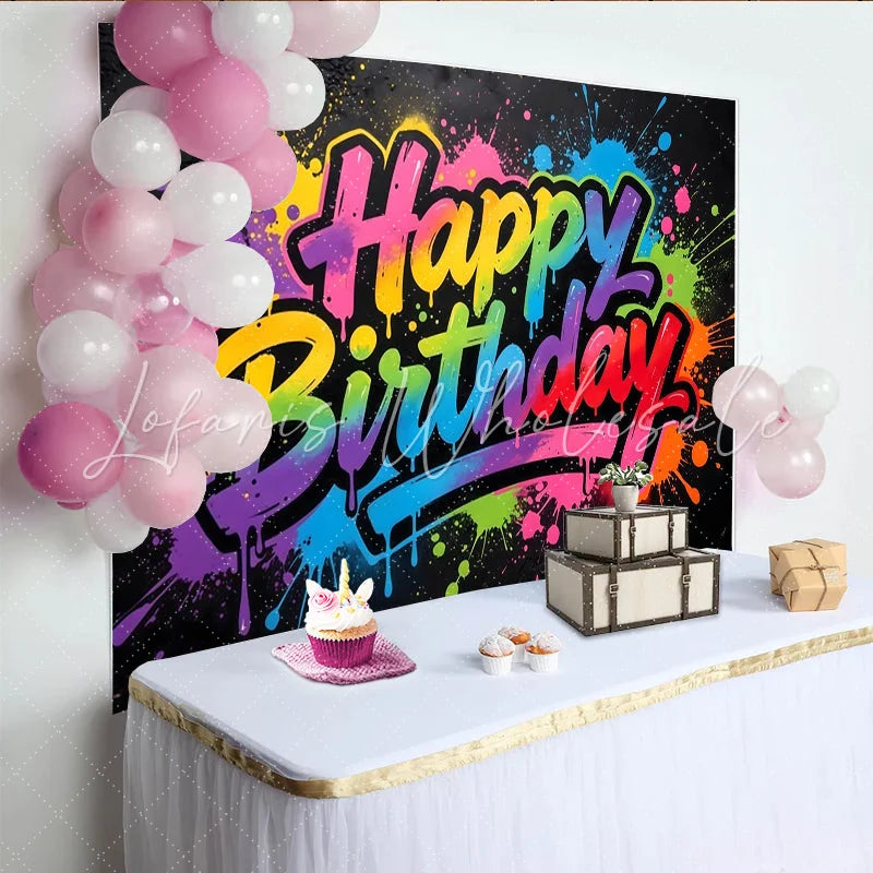 Lofaris Vibrant Graffiti Happy Birthday Backdrop with Colorful Paint Splatters Modern Street Art Background for Party Decor and Photoshoot
