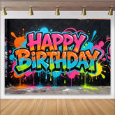 Lofaris Vibrant Graffiti Happy Birthday Backdrop with Neon Colors Urban Street Art Background for Party Decor and Photoshoot
